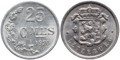 Люксембург 25 сантимов 1970 Герцог Жан (1964-1999) KM 45a.1 алюминий 4396-1138