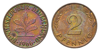 ФРГ 2 пфеннига 1966 F KM 106, J. 381 бронза 116-845