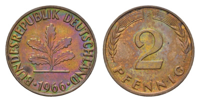 ФРГ 2 пфеннига 1966 F KM 106, J. 381 бронза 116-845