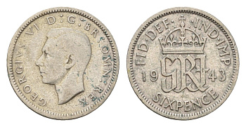 Великобритания 6 пенсов 1943 Георг VI (1936-1952) KM 852, Spink 4084 серебро 99-863
