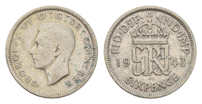 Великобритания 6 пенсов 1943 Георг VI (1936-1952) KM 852, Spink 4084 серебро 99-863