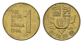 Южная Корея 1 вона 1966 роза шарона KM 4 латунь aUNC 4147-933