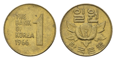 Южная Корея 1 вона 1966 роза шарона KM 4 латунь aUNC 4147-933