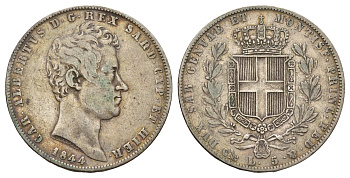 ИТАЛИЯ Сардиния 5 лир 1844 Карл Альберт (1831-1849) KM 130 серебро 413-143