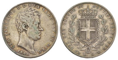 ИТАЛИЯ Сардиния 5 лир 1844 Карл Альберт (1831-1849) KM 130 серебро 413-143