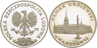 Польша 100 злотых 1975 MW, королевский замок в Варшаве KM 76, Parchimowicz 271 серебро PROOF 00-00