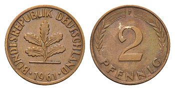 ФРГ 2 пфеннига 1961 F KM 106, J. 381 бронза 4576-746