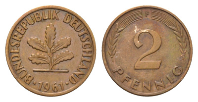 ФРГ 2 пфеннига 1961 F KM 106, J. 381 бронза 4576-746