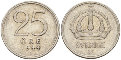 Швеция 25 эре 1944 G, Густав V (1907-1950) KM 816 серебро 4147-959