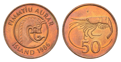 Исландия 50 эйре 1986 год-тип KM 26a сталь плакированная бронзой 4643-236