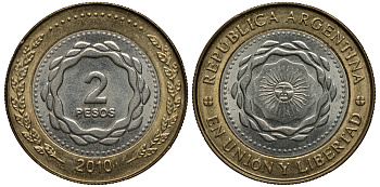 Аргентина 2 песо 2010 майское солнце KM 165 биметалл aUNC 4388-611