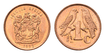 ЮАР 1 цент 1999 герб, капские воробьи KM 170 сталь плакированная медью UNC 4694-241