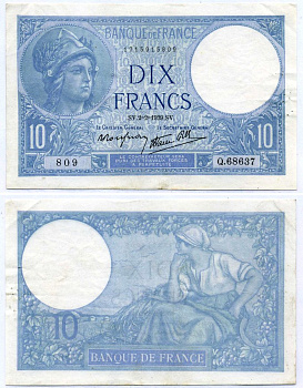 Франция 10 франков 1939 2 февраля 1939, МИНЕРВА Pick 84 бумага XF 6293-19-1-2