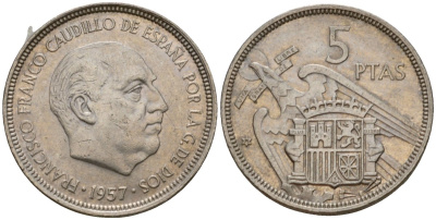 Испания 5 песет 1957 (75) Франсиско Франко (1939-1975) KM 786 медно-никель 186-1036