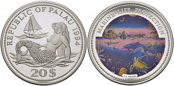 Палау 20 долларов 1994 водный мир Палау, цветная эмаль, 155 г., 5 унций тираж 3000 экз. KM 7 серебро PROOF 11-019-21-2