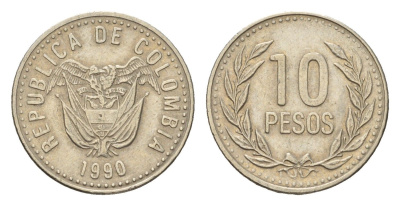 Колумбия 10 песо 1990 KM 281.1 медь цинк никель 4679-166