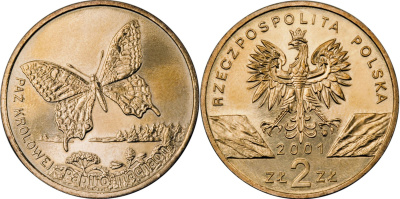 Польша 2 злотых 2001 MW, серия сохраним природу, бабочка махаон KM 414 нордик UNC 4521-1136