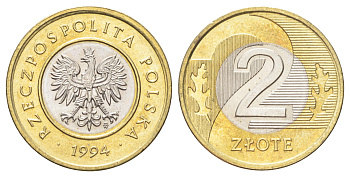 Польша 2 злотых 1994 MW KM 283 биметалл UNC 4701-119