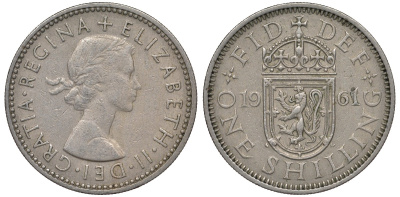 Великобритания 1 шиллинг 1961 Елизавета II (1952-2022), Шотландский герб KM 905, Spink 4148 медно-никель 4122-1023