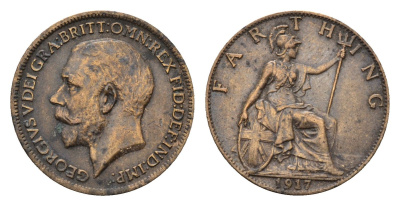 Великобритания 1 фартинг 1917 Георг V (1910-1936) KM 808.1, Spink 4059 бронза 4690-755