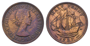 Великобритания 1/2 пенни 1957 Елизавета II (1952-2022) KM 896, Spink 4158 бронза 94-545