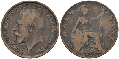 Великобритания 1/2 пенни 1923 Георг V (1910-1936) KM 809, Spink 4056 бронза 4146-144