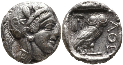 Древняя Греция, Аттика, Афины тетрадрахма 454 - 404 гг. до н.э. голова Афины в шлеме / АФЕ, сова, оливковая ветвь, полумесяц, 16,62 гр Kroll 8 серебро 00-000-00
