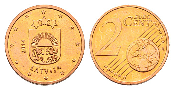 Латвия 2 евроцента 2014 KM 151 сталь плакированная медью UNC 4689-752
