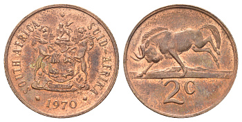 ЮАР 2 цента 1970 герб, антилопа гну KM 83 бронза UNC 4695-1035