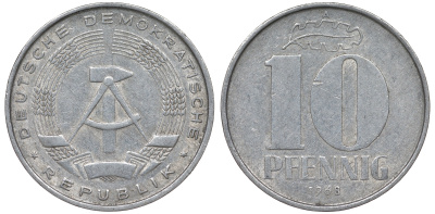ГДР 10 пфеннигов 1968 A KM 10 алюминий 62-752