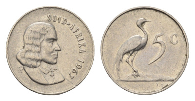 ЮАР 5 центов 1967 Ян ван Рибек (1619-1677), Suid Africa, легенда на африкаанс, райский журавль KM 67.2 медно-никель 4694-425