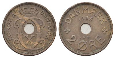 Дания 2 эре 1935 N, Кристиан X (1912-1947) KM 827 бронза 4701-819