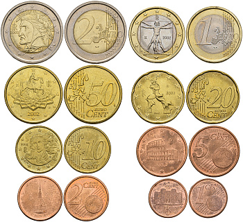 Италия евронабор из 8 монет 2002 1, 2, 5, 10, 20, 50 евроцентов, 1 И 2 евро KM 210, 211, 212, 213, 214, 215, 216, 217 UNC 4686-351-357