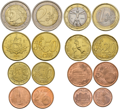 Италия евронабор из 8 монет 2002 1, 2, 5, 10, 20, 50 евроцентов, 1 И 2 евро KM 210, 211, 212, 213, 214, 215, 216, 217 UNC 4686-351-357