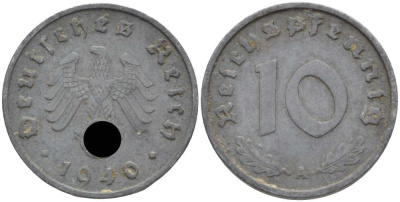 ГЕРМАНИЯ 10 РЕЙХСПФЕННИГОВ 1940 A KM 101, J. 371 цинк 4401-824