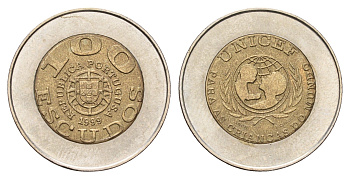 Португалия 100 эскудо 1999 UNICEF, ошибка Portugusa KM 722.2 биметалл UNC 4678-836