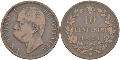 Италия 10 чентезимо 1894 B/I, Умберто I (1878-1900) KM 27.1 медь 4526-1023