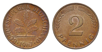 ФРГ 2 пфеннига 1967 F KM 106, J. 381 бронза 3458-724