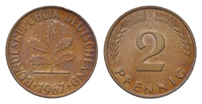 ФРГ 2 пфеннига 1967 F KM 106, J. 381 бронза 3458-724