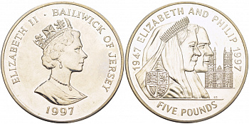 Джерси 5 фунтов 1997 Елизавета и Филипп, золотая свадьба KM 100 медно-никель UNC 11-092-45