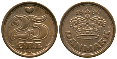 ДАНИЯ 25 ЭРЕ 1990 LG; JP; A, МАРГРЕТЕ II (1972-) KM 868.1 бронза 4110-1723
