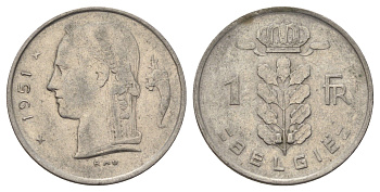 Бельгия 1 франк 1951 Belgie KM 143 медно-никель 4684-812