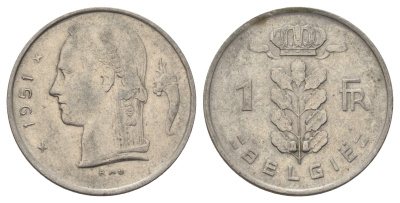 Бельгия 1 франк 1951 Belgie KM 143 медно-никель 4684-812