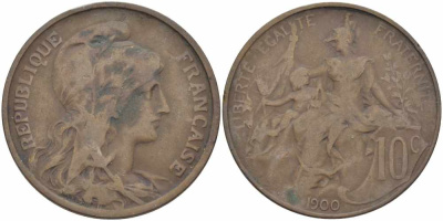 Франция 10 сантимов 1900 тип Даниэль Дюпюи KM 843, LA FRANC 136.9 бронза 109-135