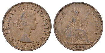 Великобритания 1 пенни 1962 Елизавета II (1952-2022) KM 897, Spink 4157 бронза 4111-436