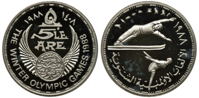 Египет 5 фунтов 1988 АН1408, зимние олимпийские игры, фигурное катание, прыжки с трамплина KM 628 серебро PROOF 11-168-35