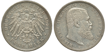 Вюртемберг 5 марок 1904 F, Вильгельм II (1891-1918) Weege 172, J. 176, KM 632 серебро 1067-1-54