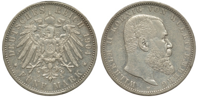 Вюртемберг 5 марок 1904 F, Вильгельм II (1891-1918) Weege 172, J. 176, KM 632 серебро 1067-1-54