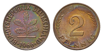 ФРГ 2 пфеннига 1966 F KM 106, J. 381 бронза 4115-325