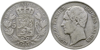 Бельгия 5 франков 1851 Леопольд I (1831-1865) KM 17 серебро 1067-1-65